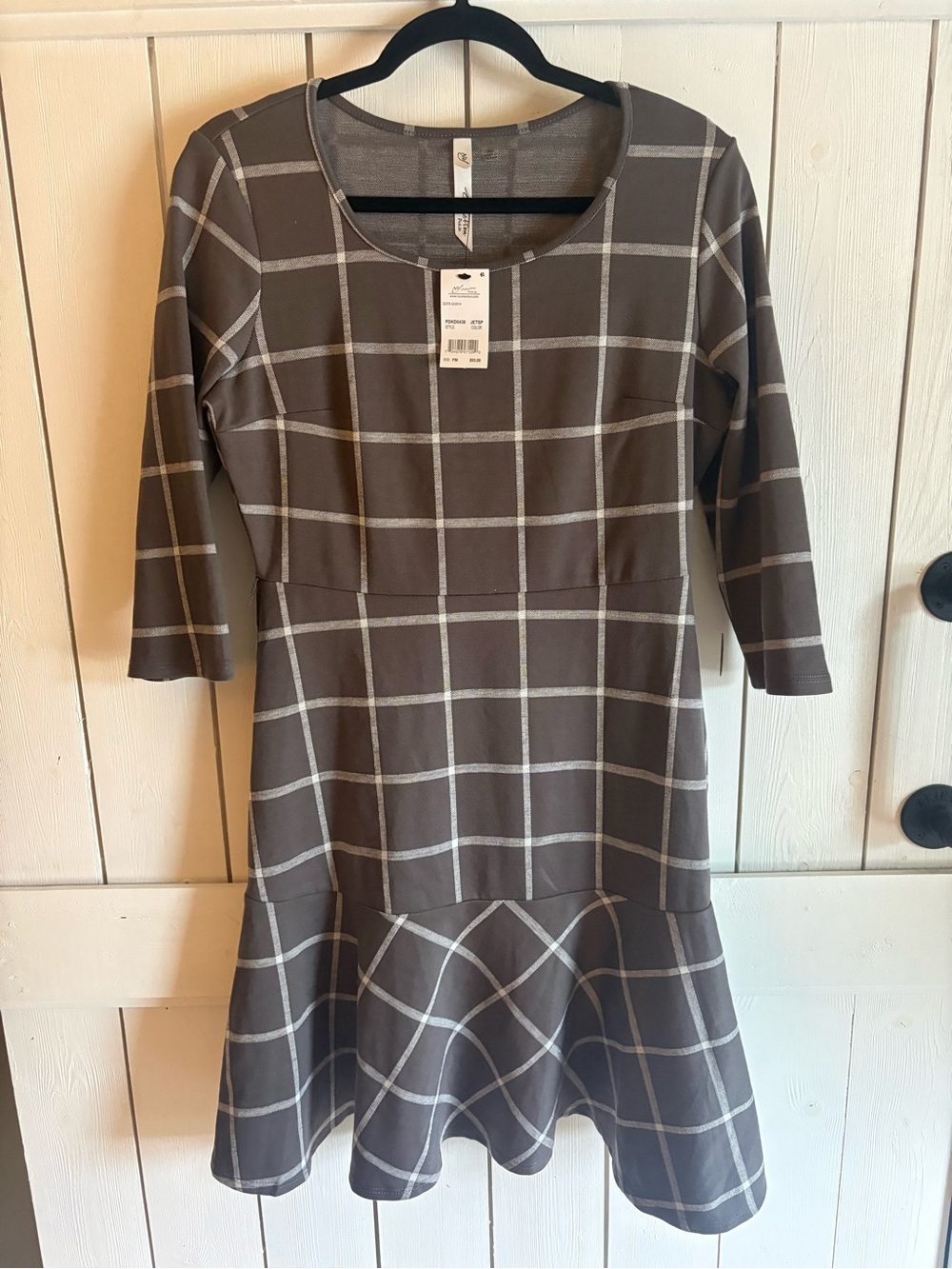 NY Collection Gray Windowpane Long-Sleeve Dress